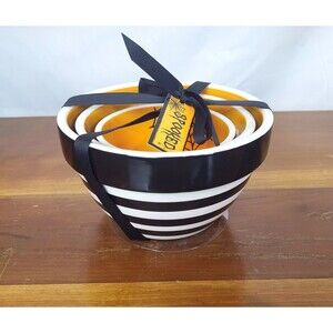 Terramoto Ceramic Halloween Nesting Bowls Set of 3 Spider Web Black Orange NEW